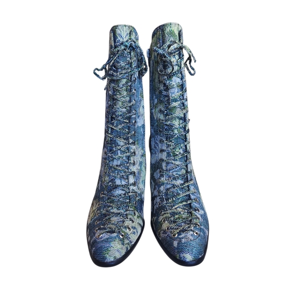 Jeffrey Campbell Hastings Blue Green Floral Tapestry Victorian Boots Lace Up - Picture 2 of 16